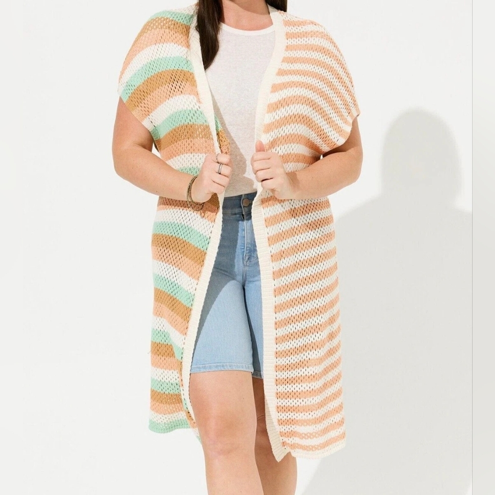 TORRID Multi Stripe Crochet Knit Duster Cardigan Sweater Vest sz 3/4 Womens Plus